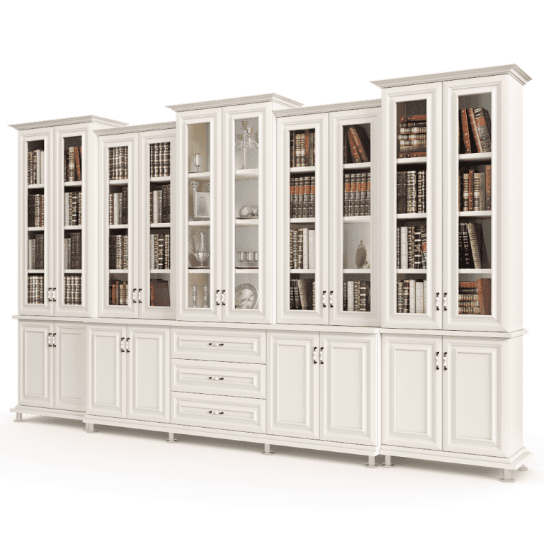 ספריית קודש עם 10 דלתות זכוכית, 8 דלתות אחסון תחתונות ו- 3 מגירות – דגם לולב