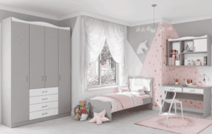 חדר ילדים הכולל ארון 4 דלתות, מיטת יחיד, וספרייה עם שולחן עבודה וכוורת לתלייה – דגם שניאל