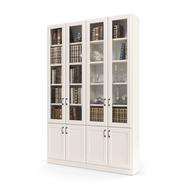 ספריית קודש הכוללת מדפים המחופים ב- 4 דלתות זכוכית עליונות + 4 דלתות אחסון תחתונות – דגם רם גלאס 4