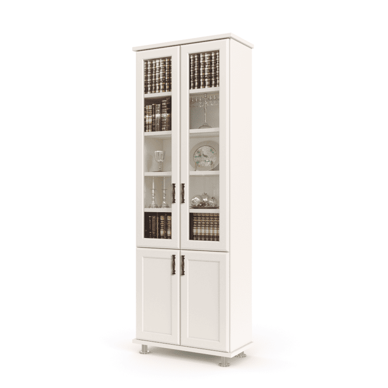 ספריית קודש הכוללת 5 מדפים המחופים ב-2 דלתות זכוכית, בתוספת 2 דלתות עץ תחתונות לאחסון – דגם לוטוס 2